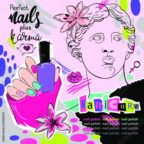 Vector abstract illustration of a hand with nail polish. Trippy background in collage technique. Illustration of Greek statue of Venus de Milo in creative psychedelic style. Fashion art.