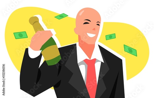 illustration of bald male businessman celebrating success with wine, alcoholic drink. yellow background and money rain. suitable for business theme, success, party, etc. flat vector
