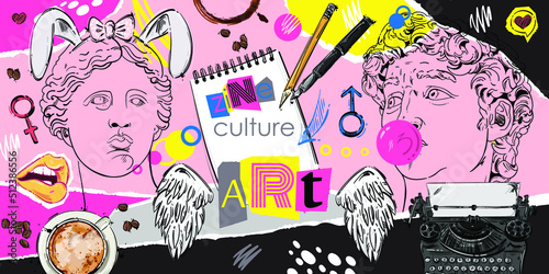Vector abstract illustration with Greek sculpture Venus de Milo and David, typewriter, notebook, pen and pencils in collage style. Background zine culture in psychedelic style.