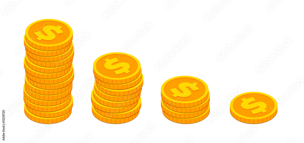 Vector Isometric gold coins stacks like decreasing graph. 3d Cash, banking, casino, business failure, economic downturn, financial crisis, falling money concept on white background for web, apps. Vector Isometric gold coins stacks like decreasing graph. 3d Cash, banking, casino, business failure, economic downturn, financial crisis, falling money concept on white background for web, apps.