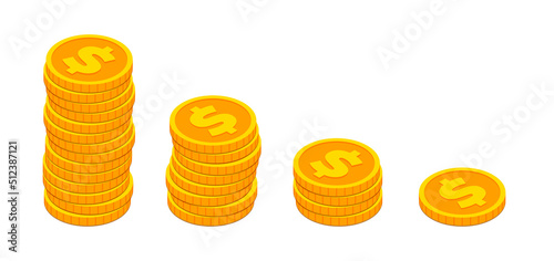 Vector Isometric gold coins stacks like decreasing graph. 3d Cash, banking, casino, business failure, economic downturn, financial crisis, falling money concept on white background for web, apps.
