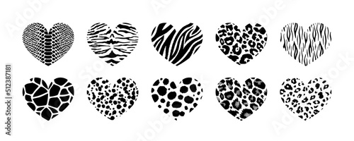 Wild safari animal print textured heart set. Vector hearts with leopard, cheetah, tiger, giraffe, zebra, snake skin pattern for fashion print design, backgrounds, fabric. Black and white collection