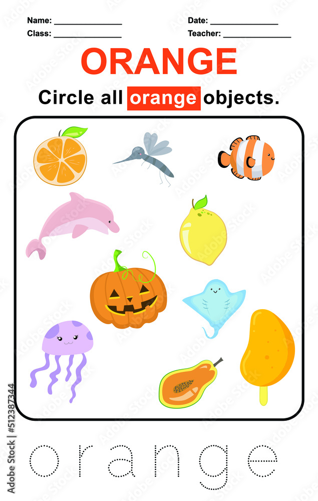 Orange color worksheet. Circle all orange objects. Handwriting practice for kids. Education about color. Vector illustration file.