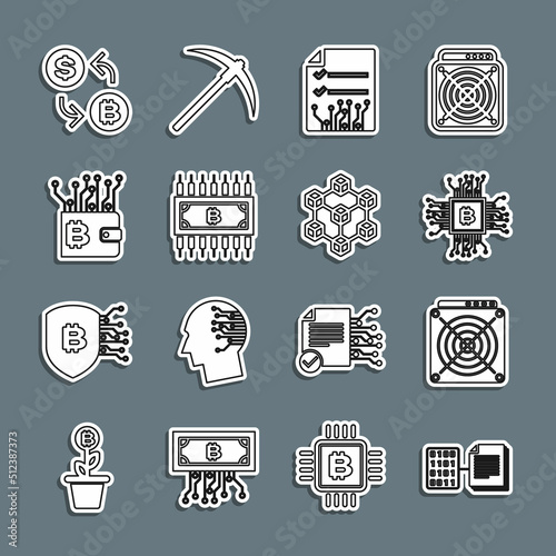 Set line Smart contract, ASIC Miner, CPU mining farm, Cryptocurrency bitcoin with circuit, wallet, exchange and Blockchain technology icon. Vector