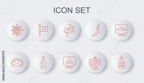 Set line Tequila bottle, Taco with tortilla, Sliced lime, Cactus, Sun, Mexico flag, Tabasco sauce and Mexican sombrero icon. Vector