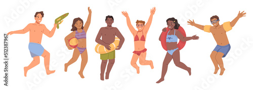 Kids jumping in swimwear set, outdoor party, flat cartoon characters. Boys and girls with inflatable circle on vacation day. Happy active child having fun. Summer resort beach scene vector