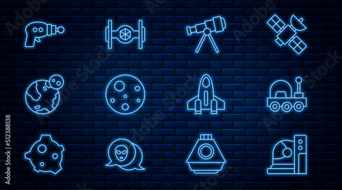 Set line Astronaut helmet, Mars rover, Telescope, Planet, Earth globe, Ray gun, Rocket ship and Cosmic icon. Vector