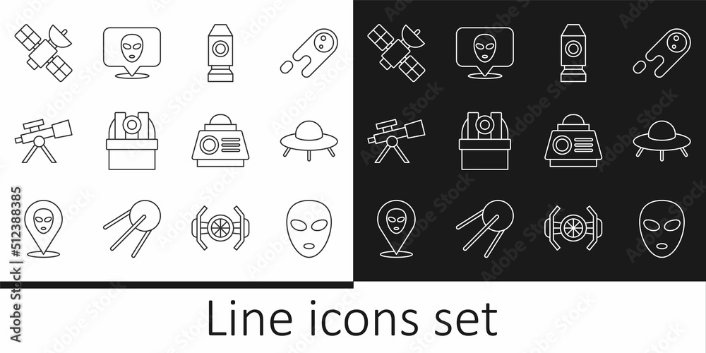 Set line Alien, UFO flying spaceship, Rocket, Astronomical observatory, Telescope, Satellite, Space capsule and icon. Vector