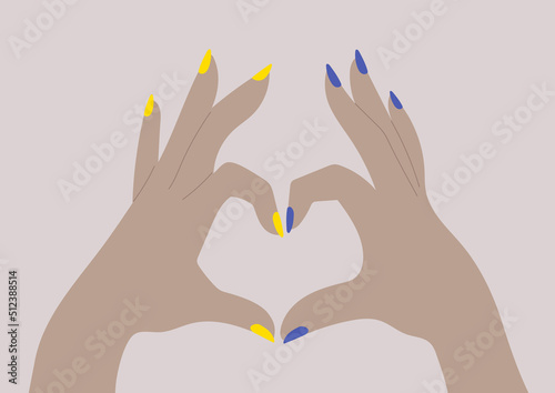 Support Ukraine, two hands form a heart sign with their fingers