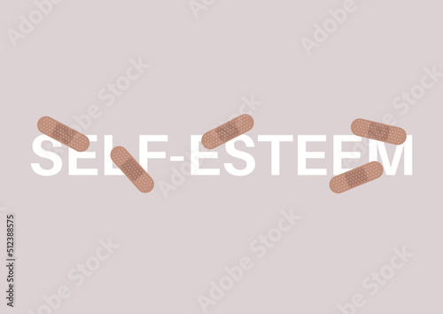 A self-esteem sign covered with adhesive plasters, acceptance and recovery