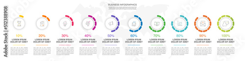 Business vector infographics with 10 circles and labels. Timeline visualization with ten steps for diagram, flowchart, banner, presentations, web, content, levels, chart, graphic