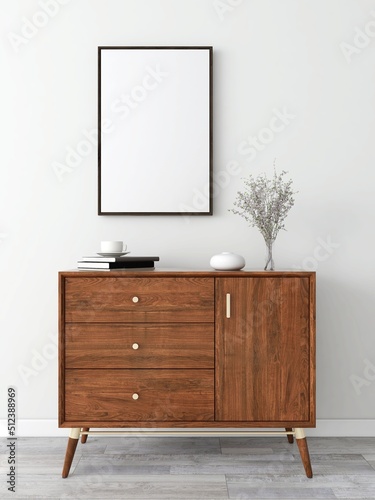 Room with vertical frame mockup  cabinet  ornamental plant and decorations. 3d rendering  interior design  3d illustration