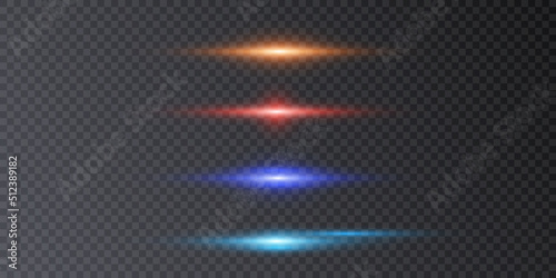 Bright horizontal highlights. Laser beams, horizontal beams of light. Beautiful light flashes. Glowing stripes on a transparent background. Glowing abstract sparkling background. Vector