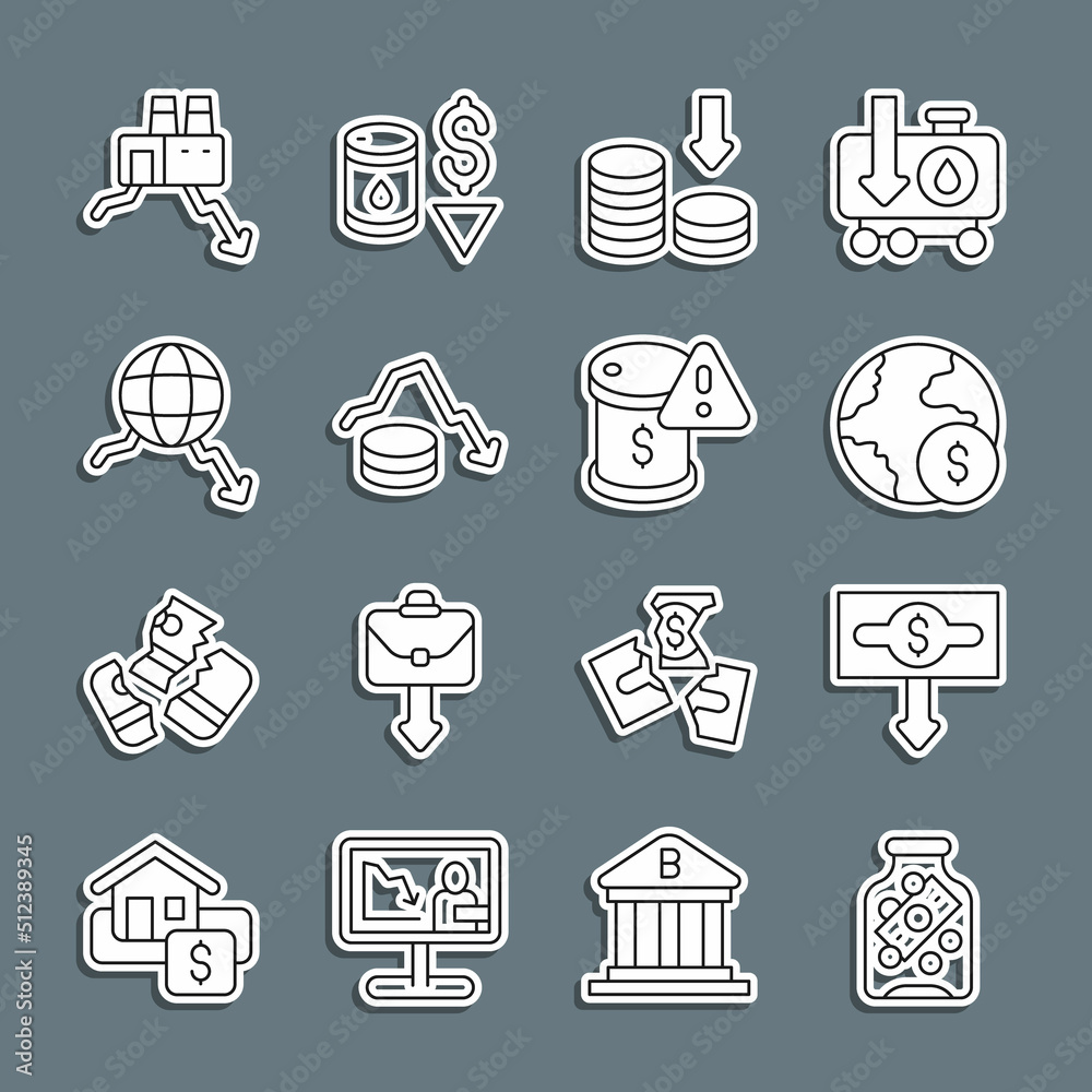 Set line Glass money jar with coin, Dollar rate decrease, Global economic crisis, Shutdown of factory and Drop crude oil price icon. Vector Set line Glass money jar with coin, Dollar rate decrease, Global economic crisis, Shutdown of factory and Drop crude oil price icon. Vector