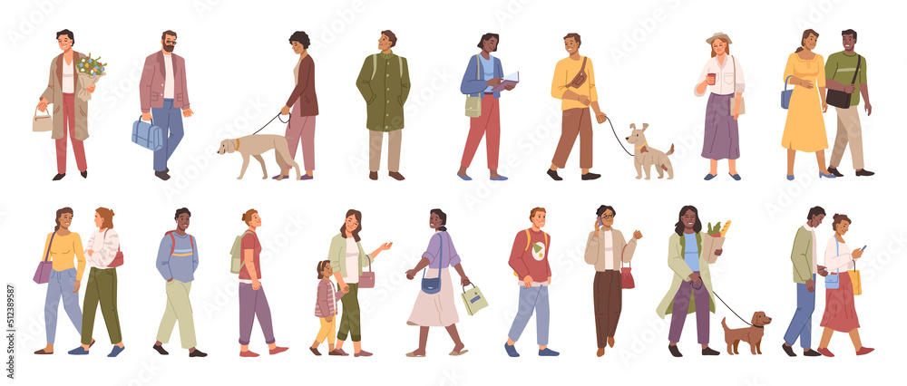 Mother with kid, couples and woman with dog walking outside. Isolated people strolling active lifestyle and recreation in park. Vector illustration, flat cartoon - obrazy, fototapety, plakaty 