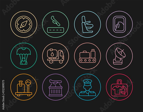 Set line Suitcase, Radar, Airplane seat, Fuel tanker truck, Parachute, Compass, Conveyor belt with suitcase and Plane landing icon. Vector