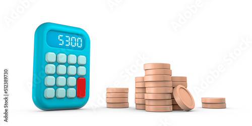 Calculator and coins 3d render illustration on isolated white background. Illustration with money management, financial risk and economy concept.
