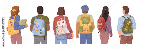 College or university students with backpacks on their way to school. Vector rear view of flat cartoon boys and girls characters with rucksacks, males and females in casual cloth
