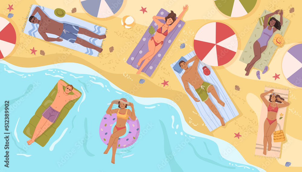 Men and women resting by seaside, people on beach swimming and suntanning. Guy on inflatable mattress, girl sunbathing by water. Vector flat cartoon summer vacation and leisure activities