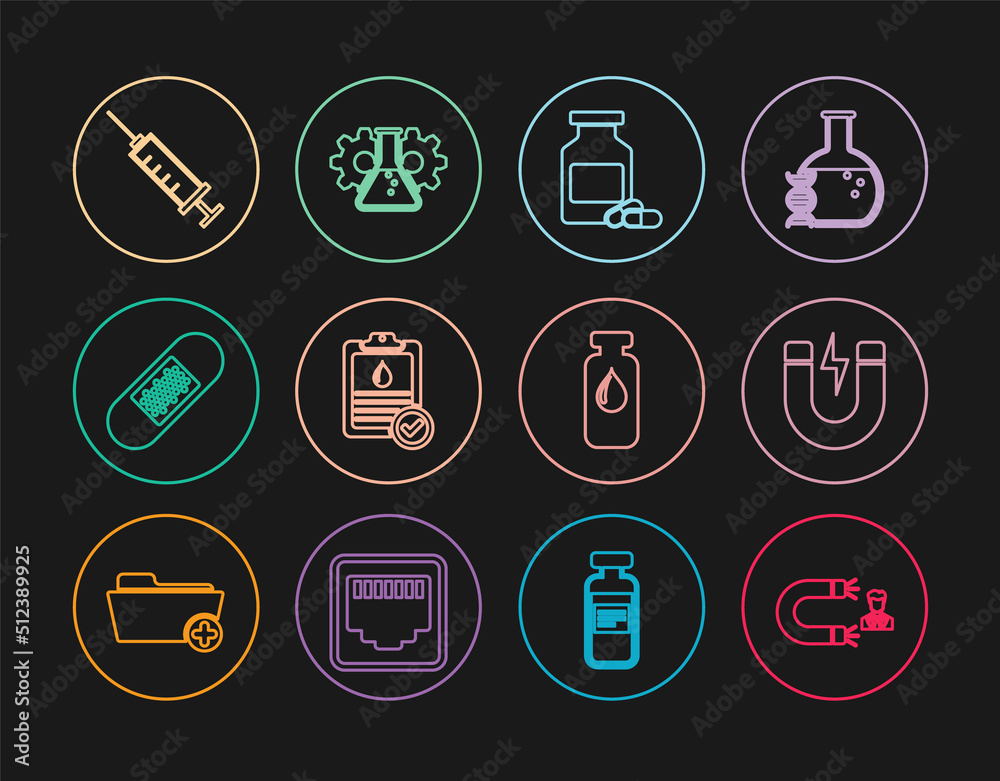 Set line Customer attracting, Magnet with lightning, Medicine bottle and pills, Clipboard blood test, Bandage plaster, Syringe, Medical vial, ampoule and Bioengineering icon. Vector