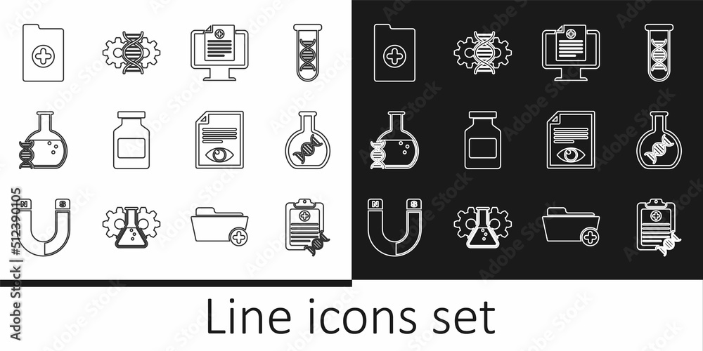 Set line Clipboard with DNA analysis, research, search, Clinical record on monitor, Medicine bottle, Paper page eye and Gene editing icon. Vector