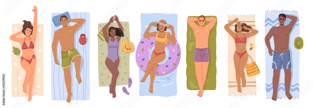 Young people sunbathing on the beach set, top view of lying men and women vector Illustration flat cartoon characters. Man and woman lying on towels and suntan, summer vacation