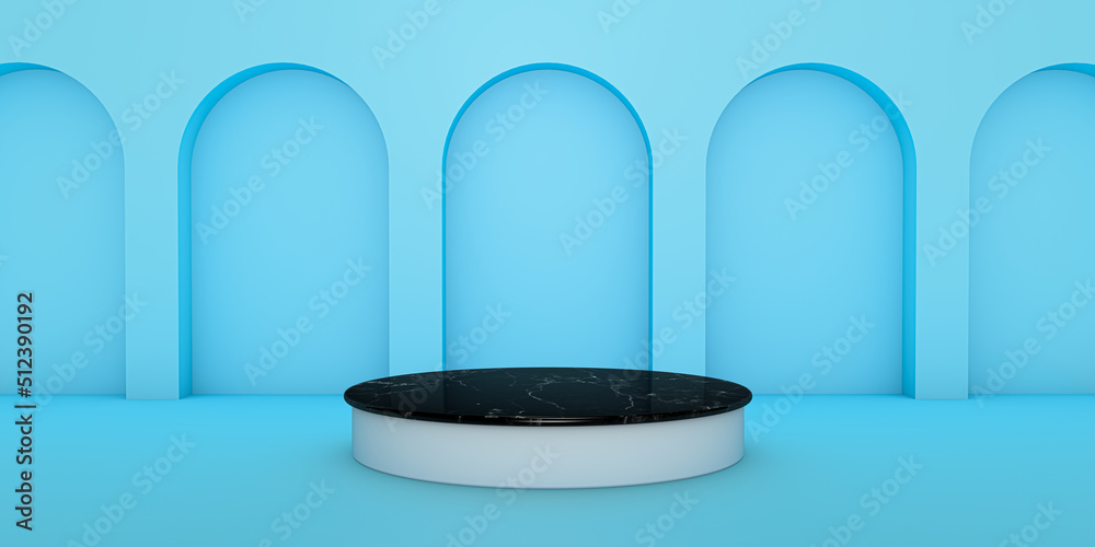 Blue 3d background product display black marble podium scene with ...