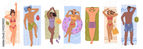 Young people sunbathing on the beach set, top view of lying men and women vector Illustration flat cartoon characters. Man and woman lying on towels and suntan, summer vacation