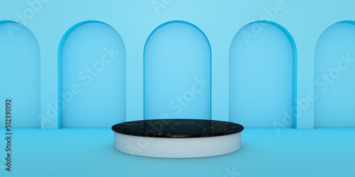 Blue 3d background product display black marble podium scene with modern and minimalist platform. 3d rendering background with podium. product display stand. 3d stage showcase on pedestal.