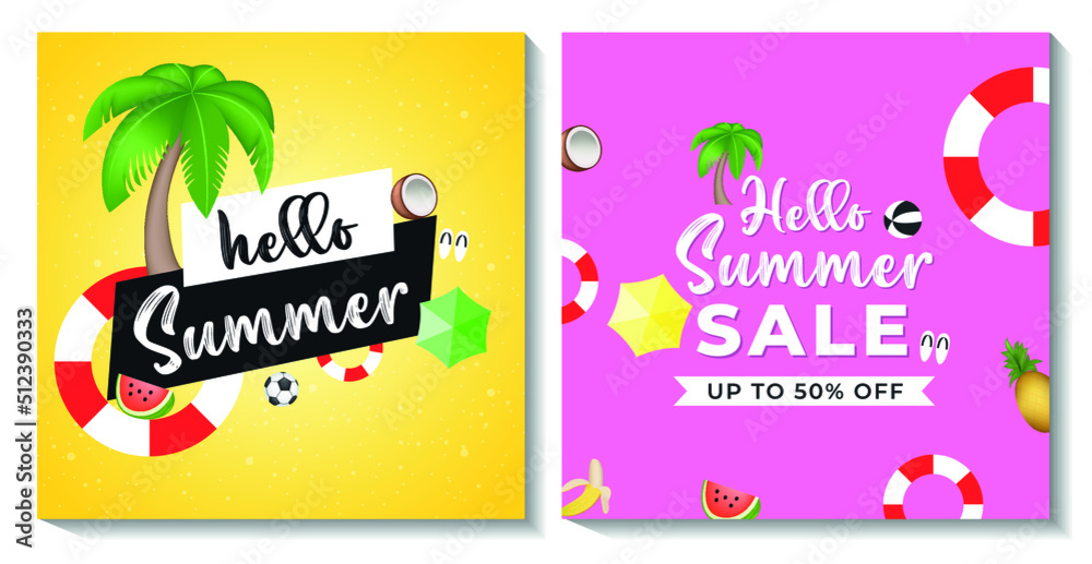 Hello summer poster banner template set with tropical fruits in different color.