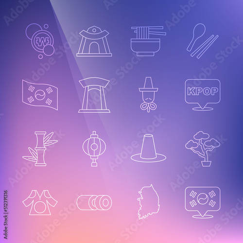 Set line Location South Korea, Bonsai tree, K-pop, Ramen, Korean gate, flag, won coin and hat icon. Vector