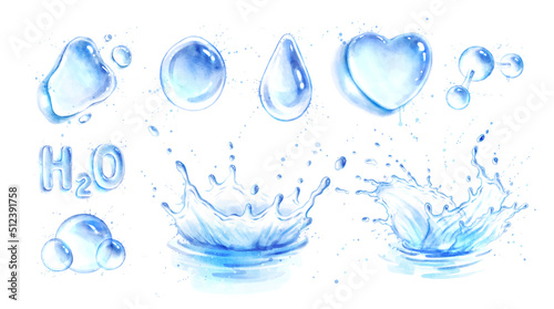 Watercolor set of water splash crown and blots