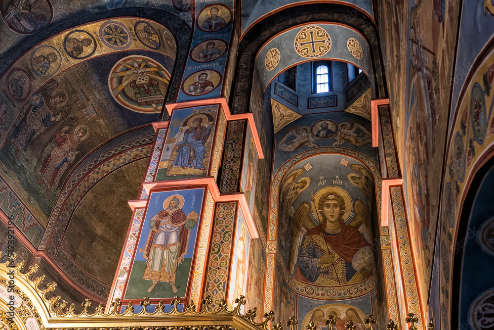 Fragments of frescoes wall paintings on the walls of the St. Michael's Cathedral in Kyiv, Ukraine. June 2022