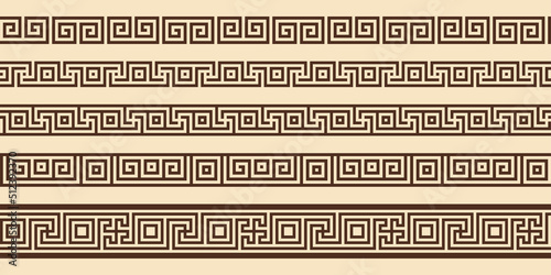 Greek key pattern, seamless borders collection. Decorative ancient meander, greece border ornament set with repeated geometric motif. Vector EPS10.
