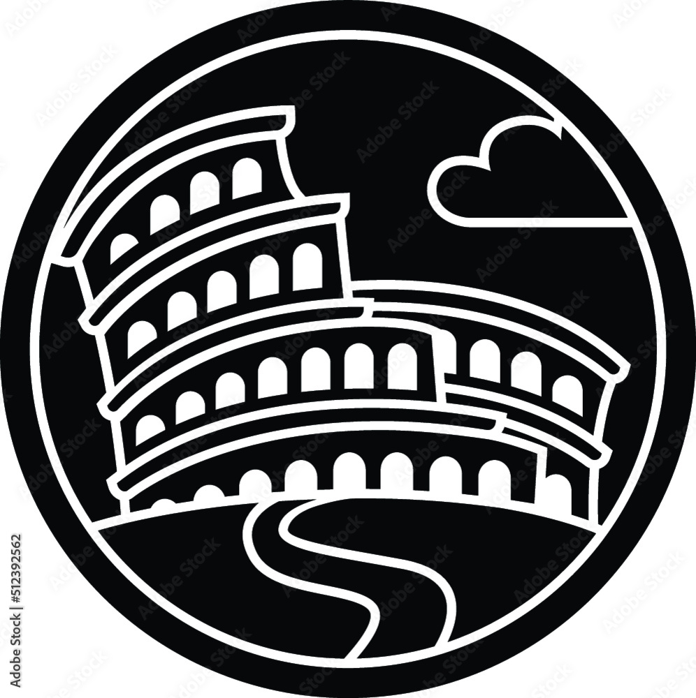 Black and White Cartoon Illustration Vector of the Roman Coliseum Monument Landmark in Rome in a Circle