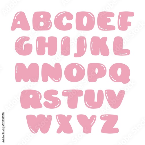 Pink cartoon bubble gum alphabet isolated vector illustration