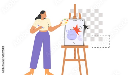 NFT concept. Digital Art. Flat vector illustration with female character drawing an illustration on a tablet.
