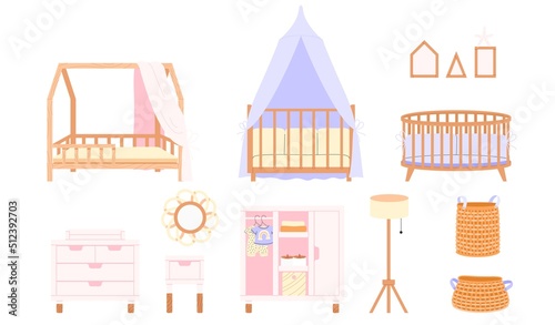Set of kids bedroom furniture in cozy scandinavian style. Concept interior design.