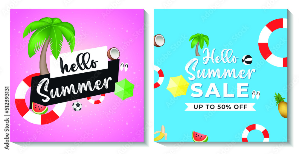 Hello summer poster banner template set with tropical fruits in different color. Hello summer poster banner template set with tropical fruits in different color.