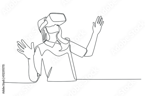 One continuous line drawing of young girl in glasses of virtual reality. Virtual game concept. Single line draw design vector graphic illustration.