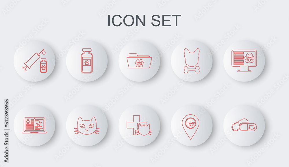 Set line Cat and pills, Clinical record dog on laptop, Medical veterinary folder, Location, Syringe with pet vaccine, Pets vial medical, and Veterinary clinic icon. Vector Set line Cat and pills, Clinical record dog on laptop, Medical veterinary folder, Location, Syringe with pet vaccine, Pets vial medical, and Veterinary clinic icon. Vector