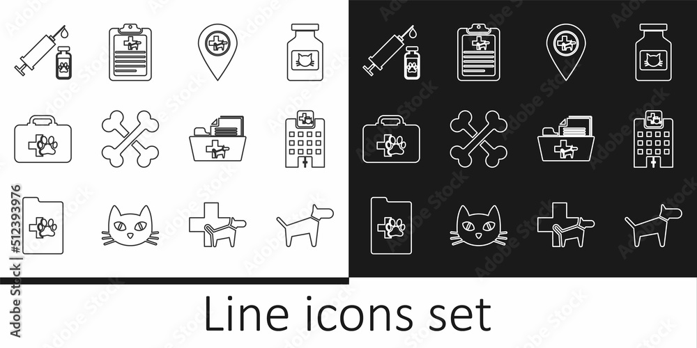 Set line Dog, Veterinary medicine hospital, Location veterinary, Crossed bones, Pet first aid kit, Syringe with pet vaccine, Medical record folder and Clinical icon. Vector