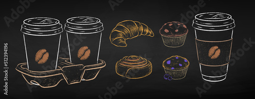 Chalk drawn Coffee to go cups and food