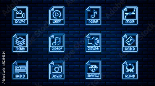 Set line MP3 file document, MSG, WAV, PSD, MOV, WMA and GIF icon. Vector