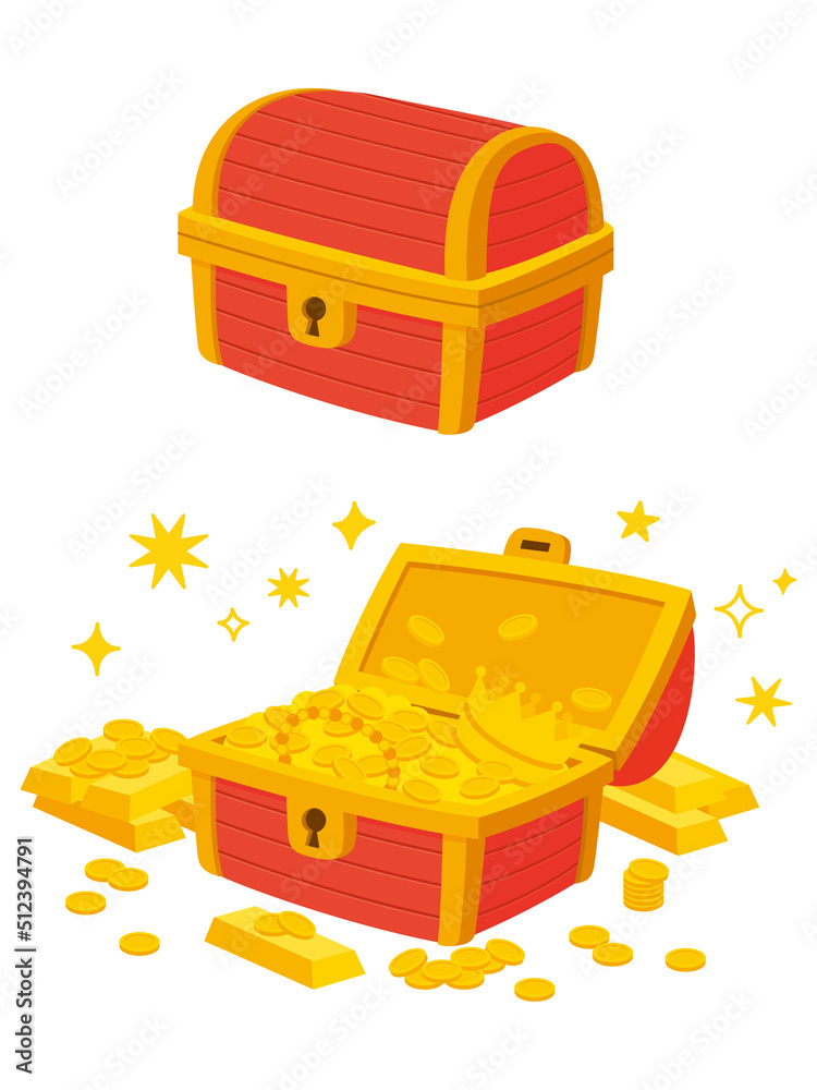 宝箱のイラスト 黄金 金貨 金の延べ棒 王冠 vector de Stock | Adobe Stock