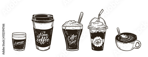 Lovely hand drawn coffee elements with nice toppings and cute mugs - vector design