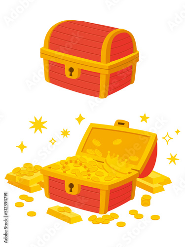 宝箱のイラスト　黄金　金貨　金の延べ棒　王冠
