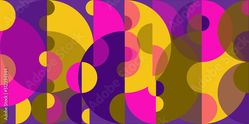 Abstract contrast geometric background. Pink, yellow, green transparent round figures on a lilac background.
 Beautiful design template for cover, packaging, website, wallpaper, background.