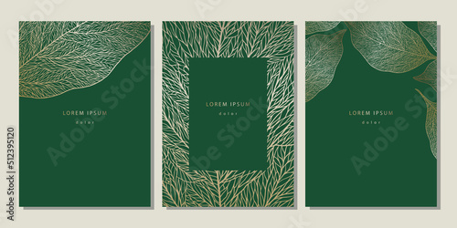 Set of floral templates with linear leaves texture. Luxury dark green backgrounds with golden leaf veins photo