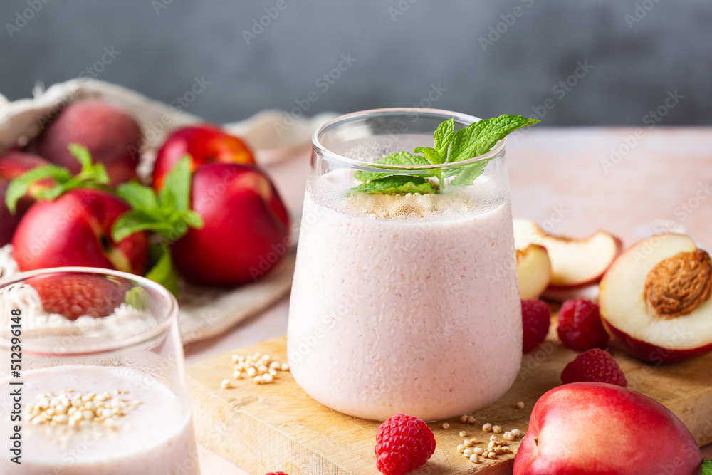 Peach raspberry smoothie, summer refreshing drink, beverage Peach raspberry smoothie, summer refreshing drink, beverage